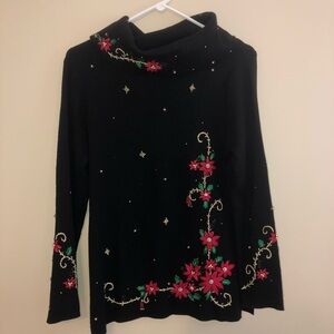 Beaded Vintage Embroidered Holiday Cowl Neck Sweater